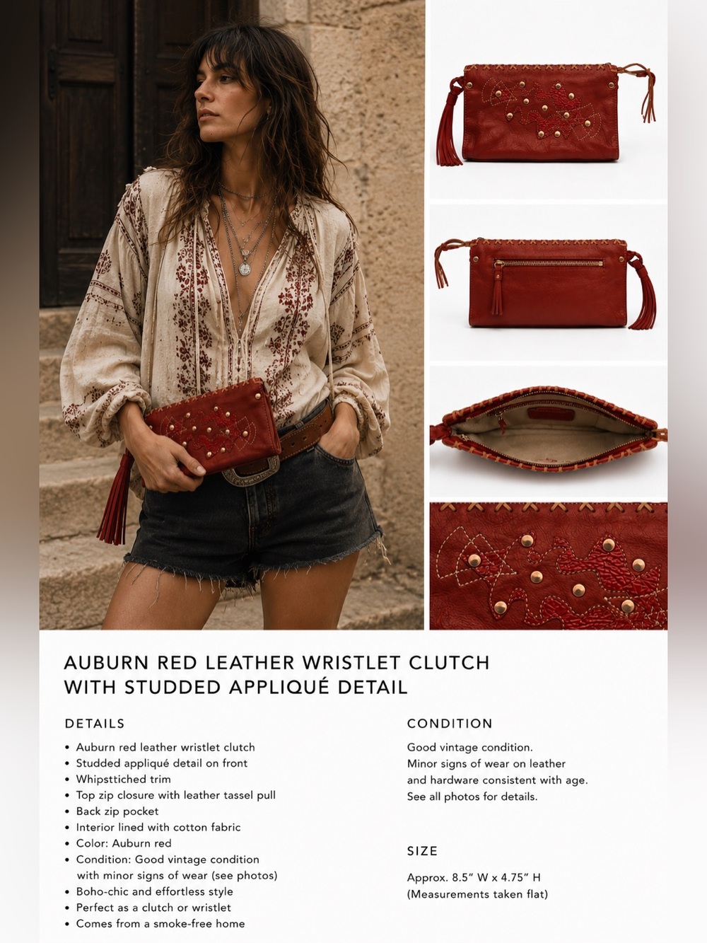 Cocoblanco Red Leather Wristlet Clutch - Studded Detail genuine leather